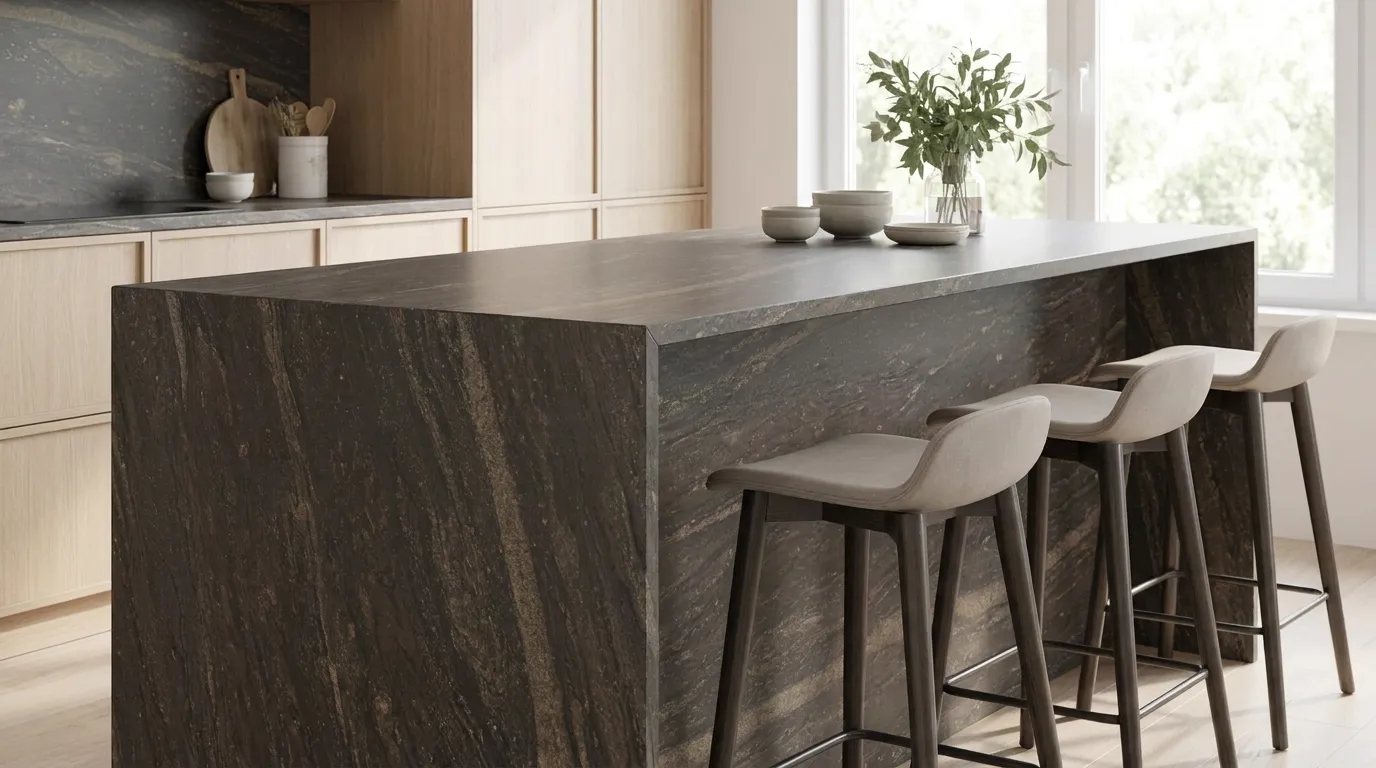 Barocco waterfall-edge kitchen island with continuous veining