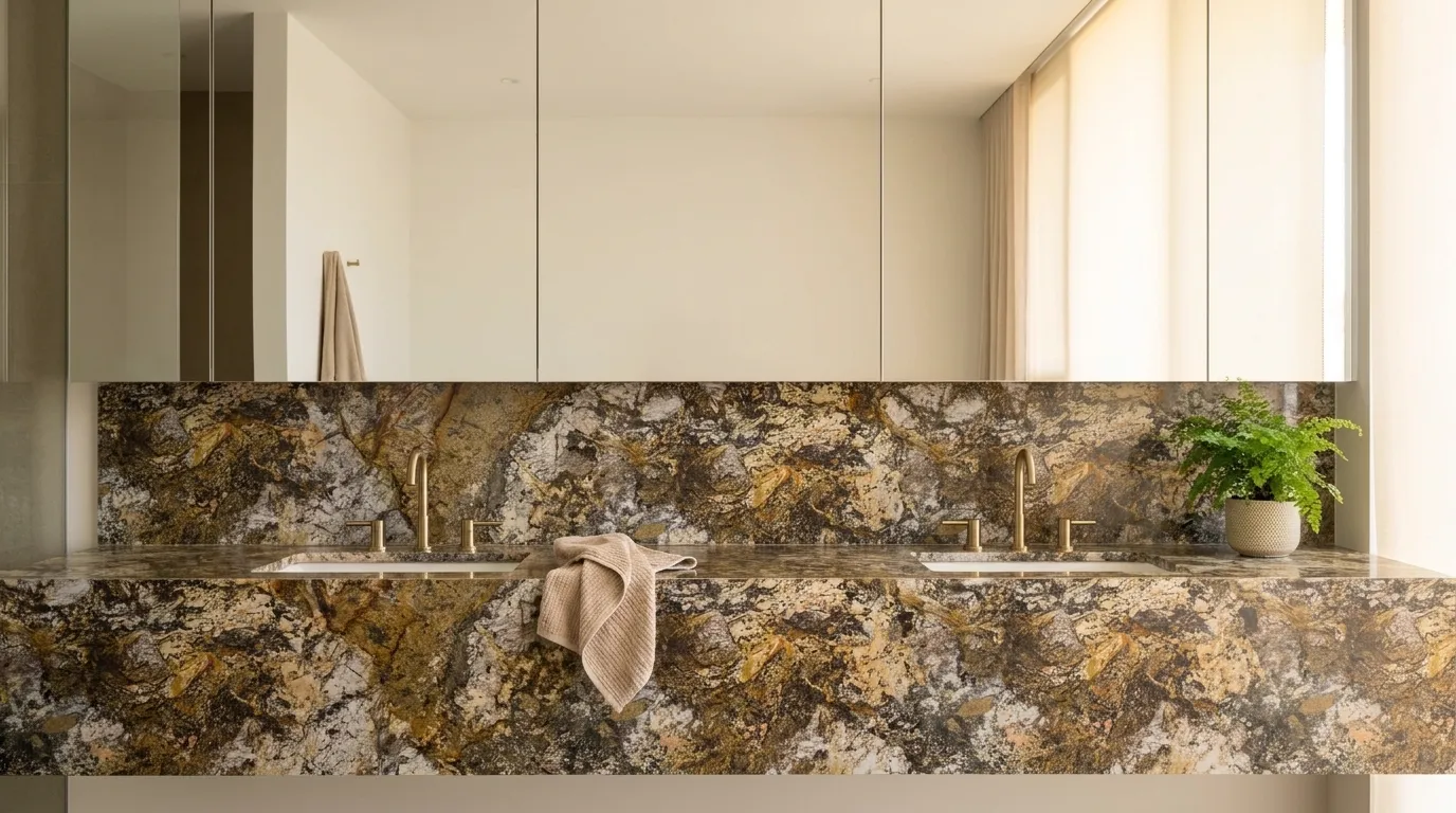 Barricato double vanity countertop and backsplash in a modern bathroom
