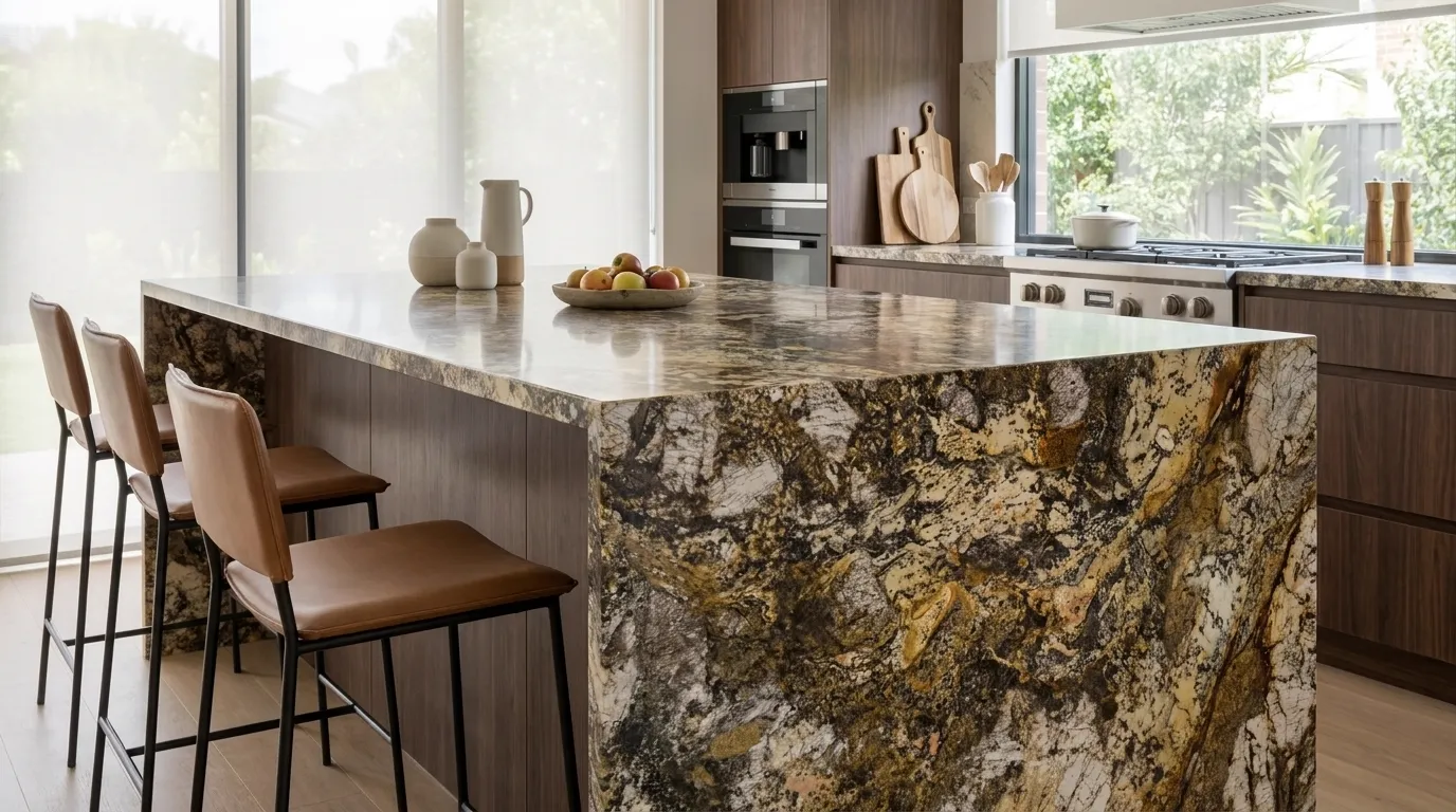 Barricato waterfall-edge kitchen island with continuous veining