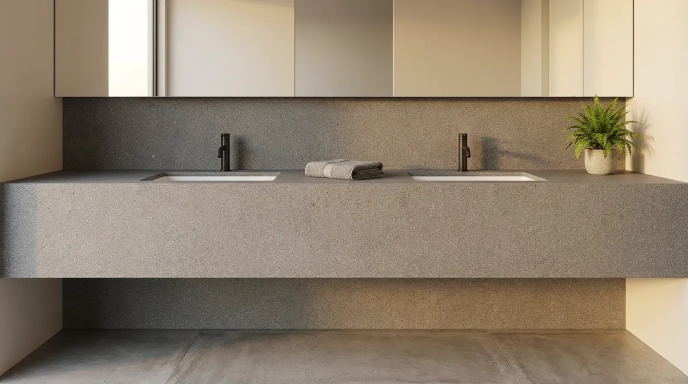 Basaltina double vanity countertop and backsplash in a modern bathroom