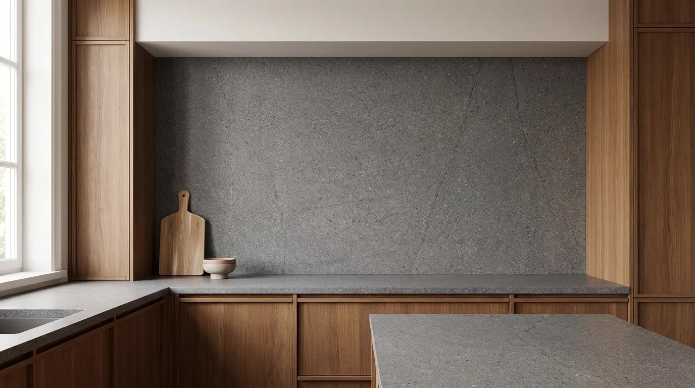 Basaltina full-height kitchen backsplash and matching countertop