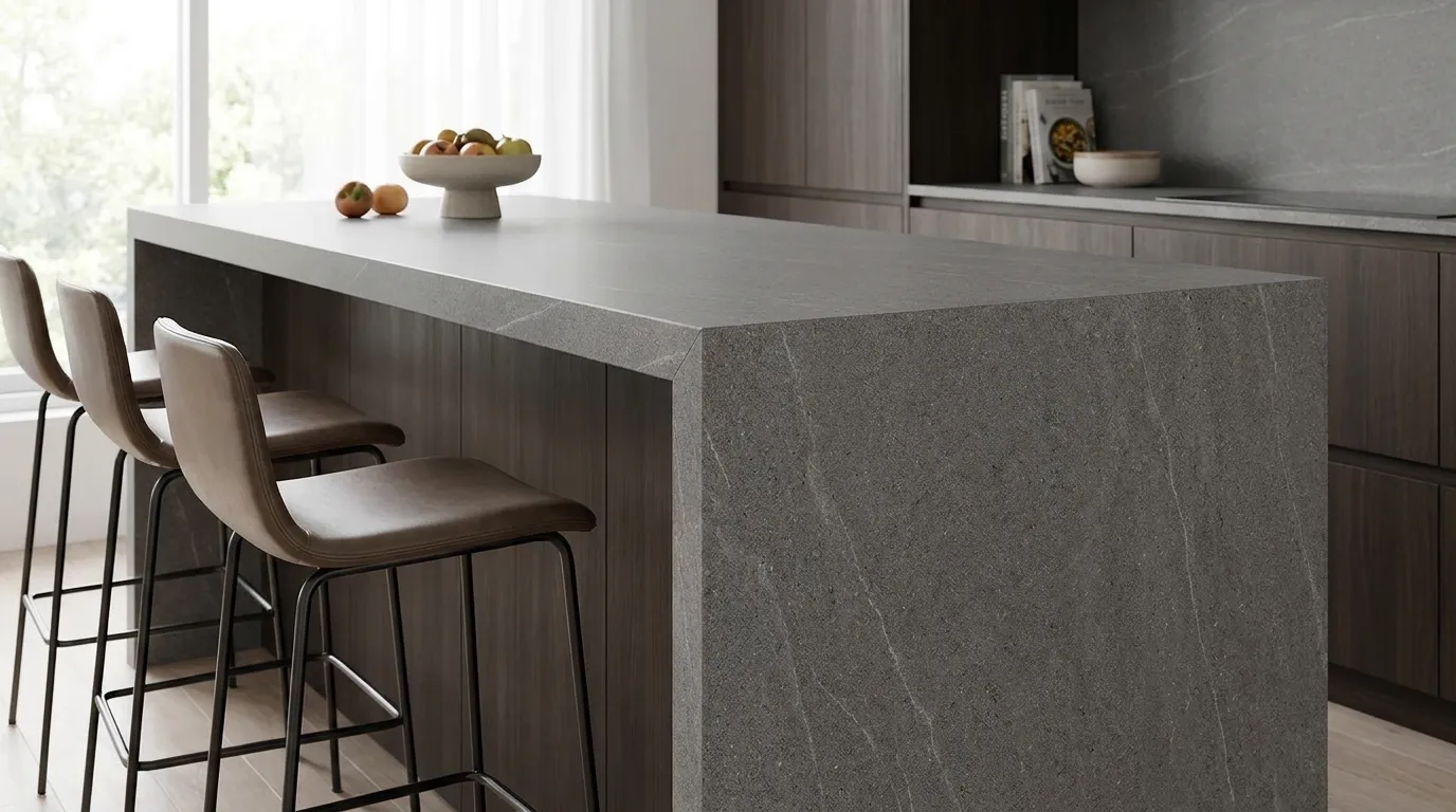 Basaltina waterfall-edge kitchen island with continuous veining