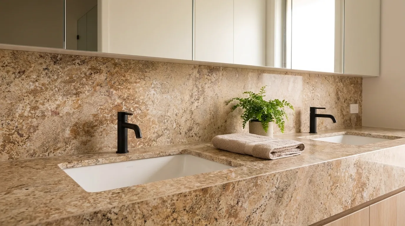Bellini double vanity countertop and backsplash in a modern bathroom