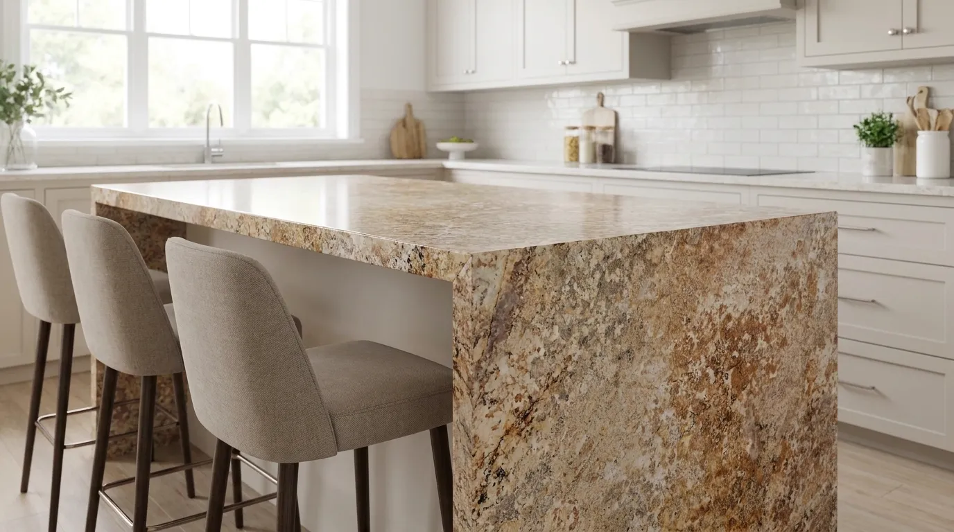 Bellini waterfall-edge kitchen island with continuous veining