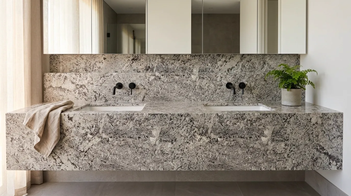 Bianco Antico double vanity countertop and backsplash in a modern bathroom