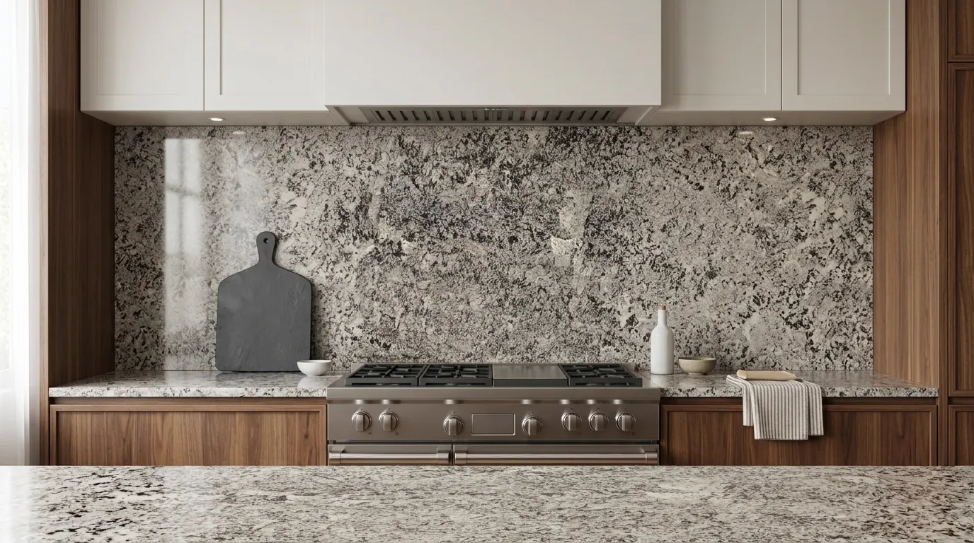 Bianco Antico full-height kitchen backsplash and matching countertop