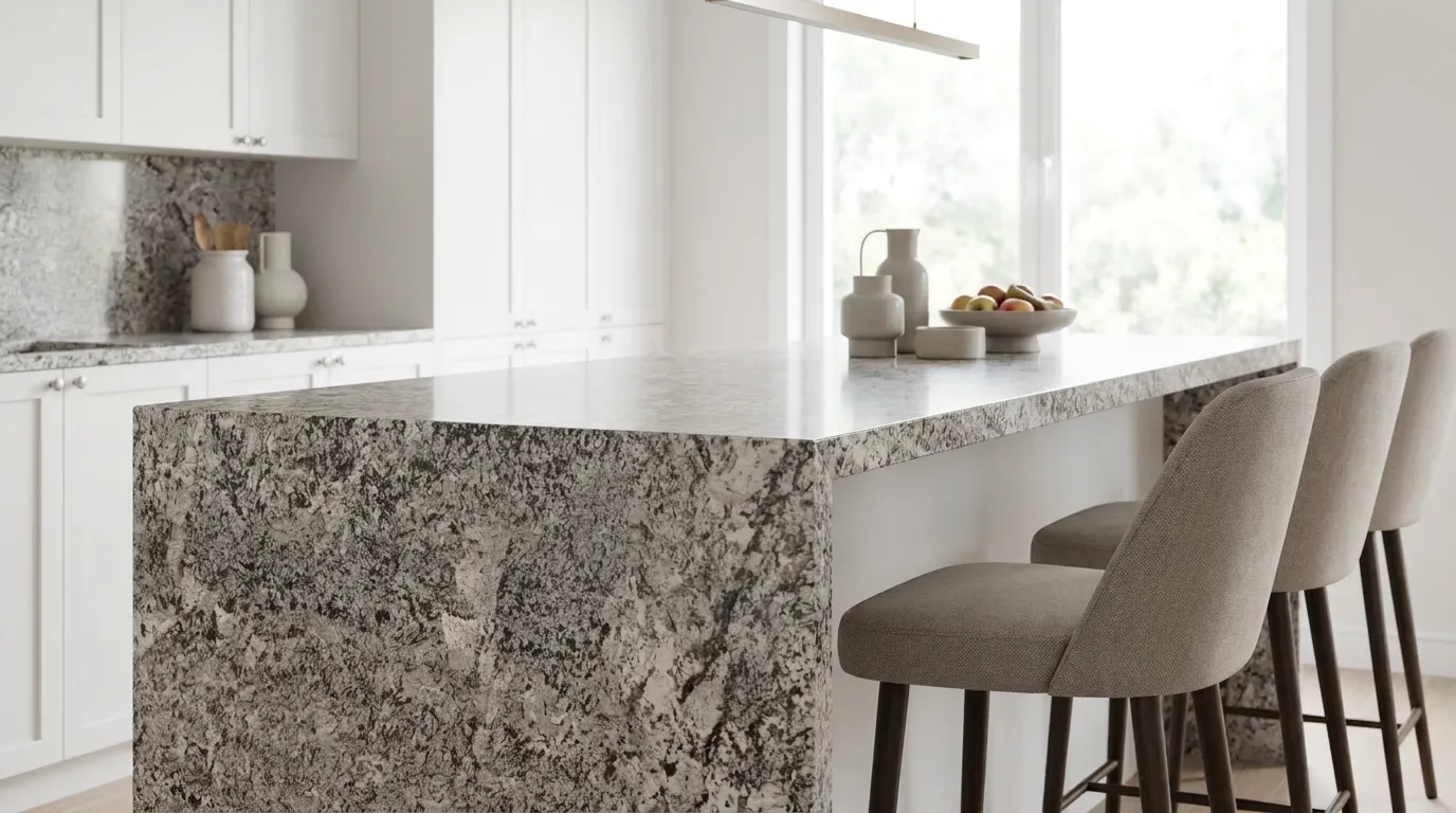 Bianco Antico waterfall-edge kitchen island with continuous veining