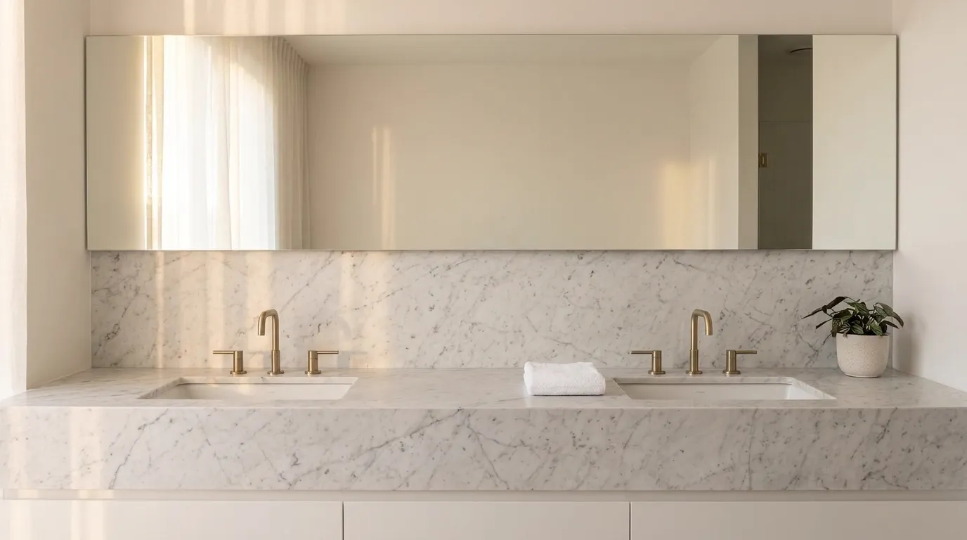 Bianco Carrara double vanity countertop and backsplash in a modern bathroom
