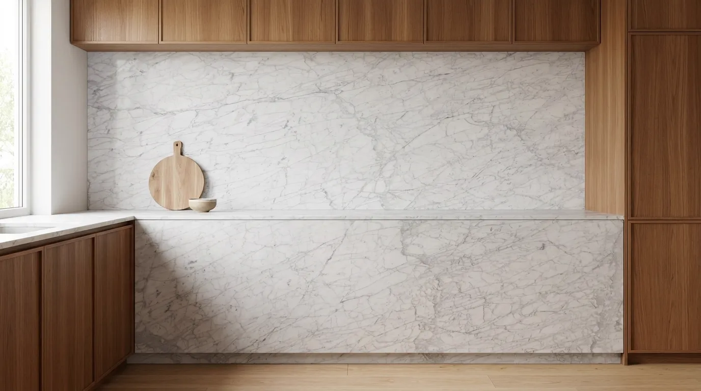 Bianco Carrara full-height kitchen backsplash and matching countertop