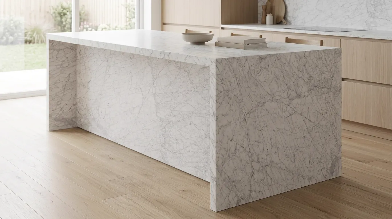 Bianco Carrara waterfall-edge kitchen island with continuous veining