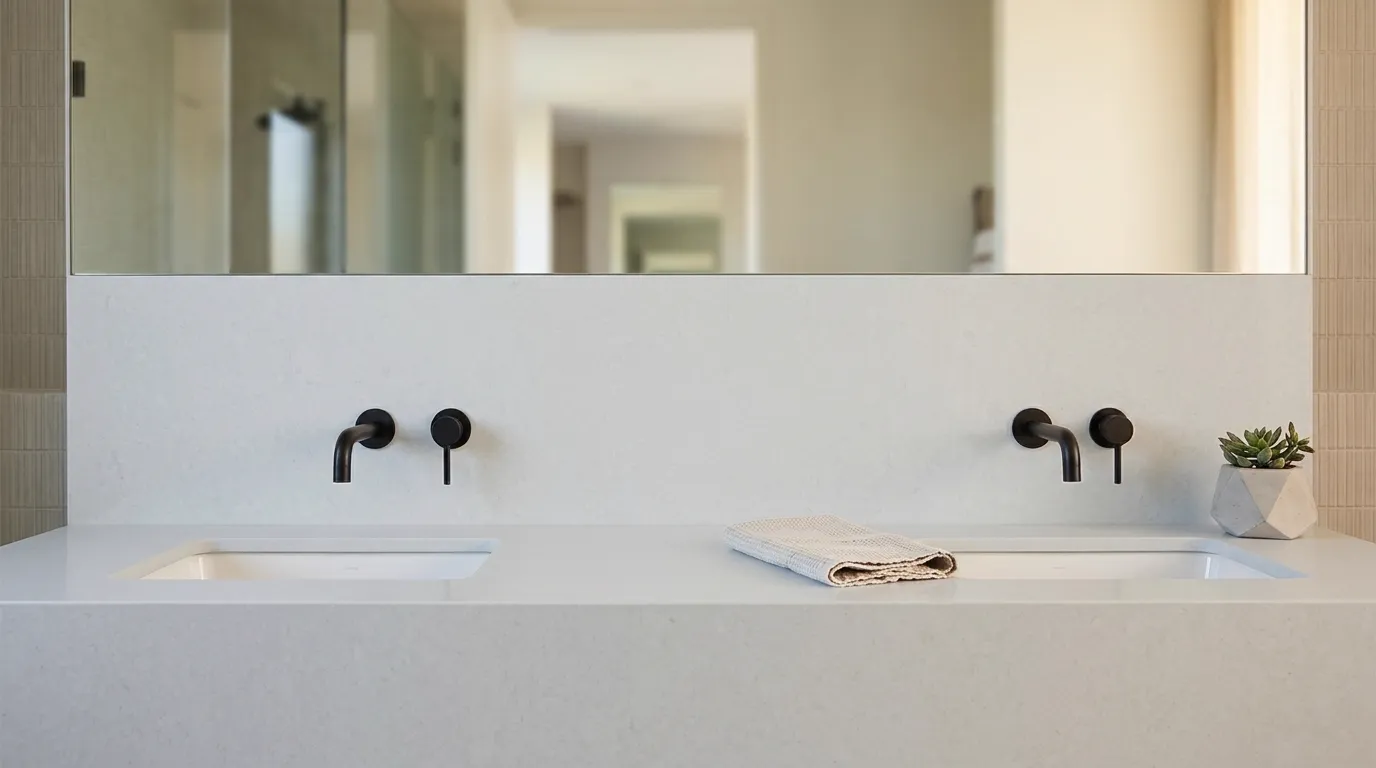Bianco Gold Quartz Stone double vanity countertop and backsplash in a modern bathroom