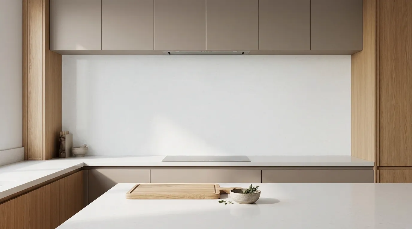 Bianco Gold Quartz Stone full-height kitchen backsplash and matching countertop