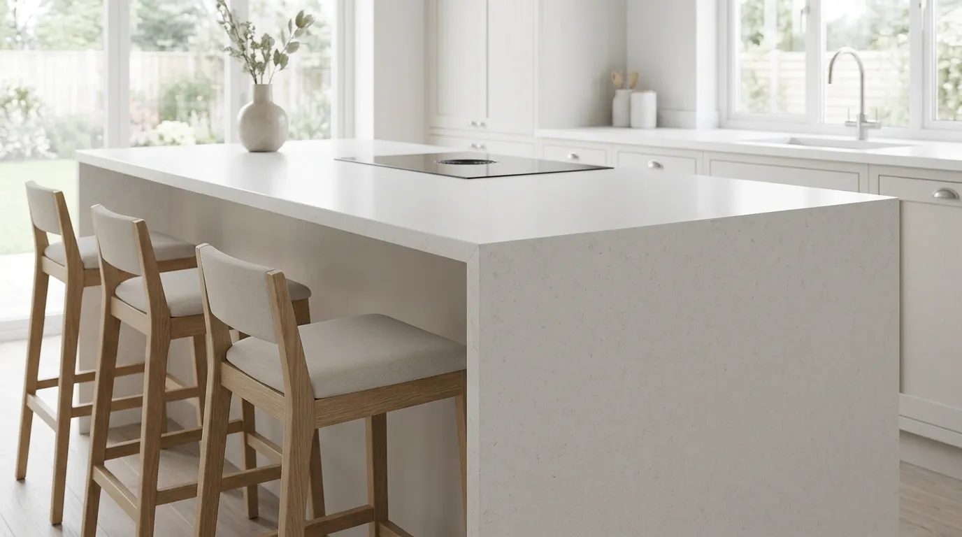 Bianco Gold Quartz Stone waterfall-edge kitchen island with continuous veining