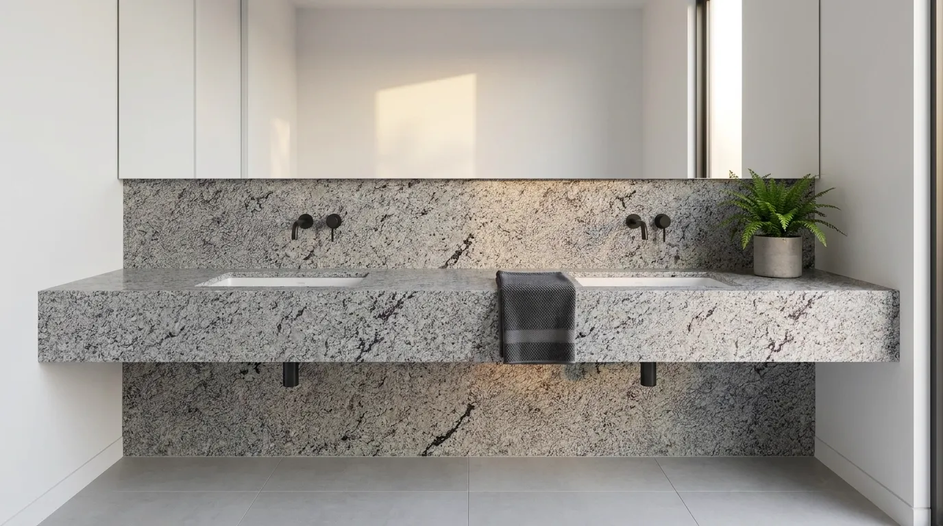 Bianco Primata double vanity countertop and backsplash in a modern bathroom
