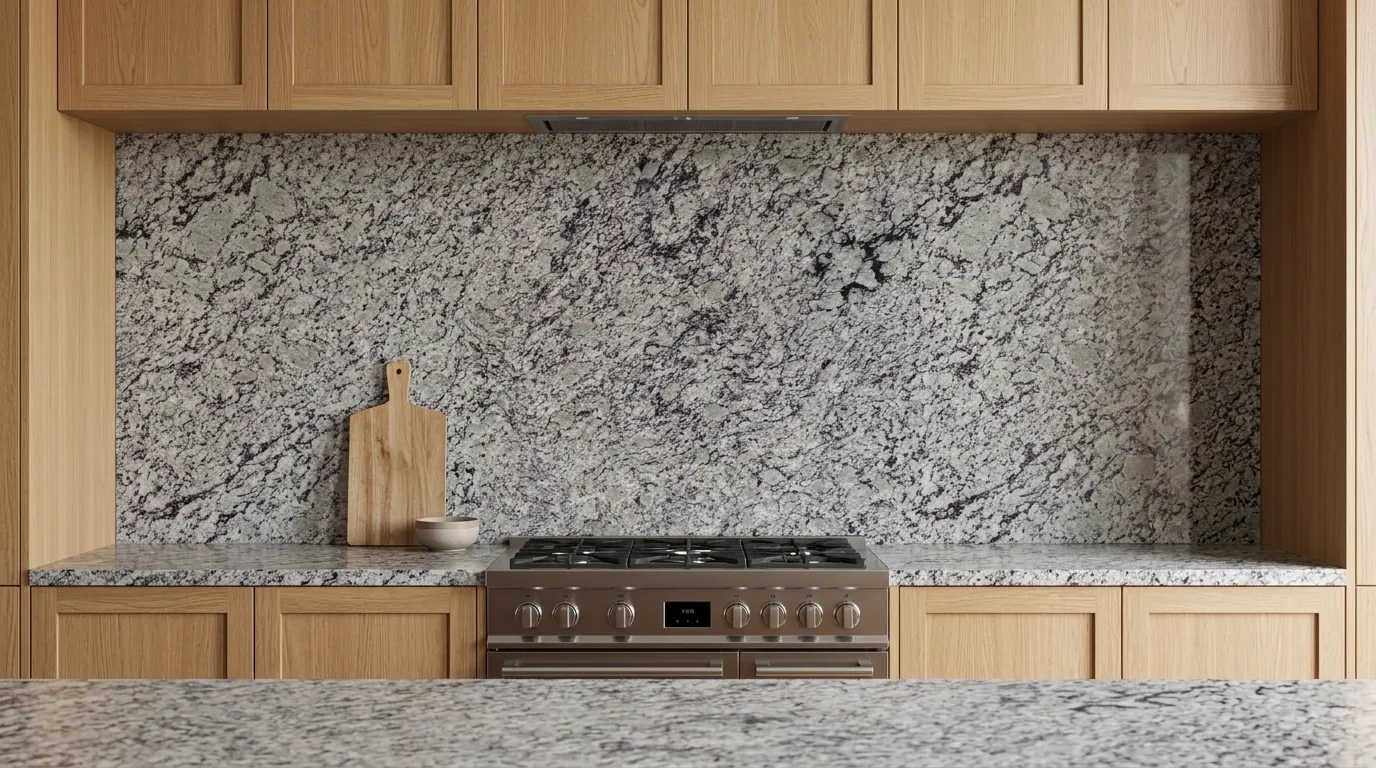 Bianco Primata full-height kitchen backsplash and matching countertop
