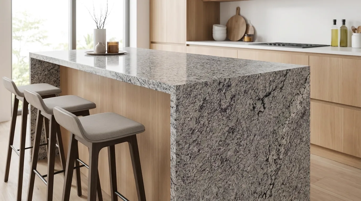Bianco Primata waterfall-edge kitchen island with continuous veining