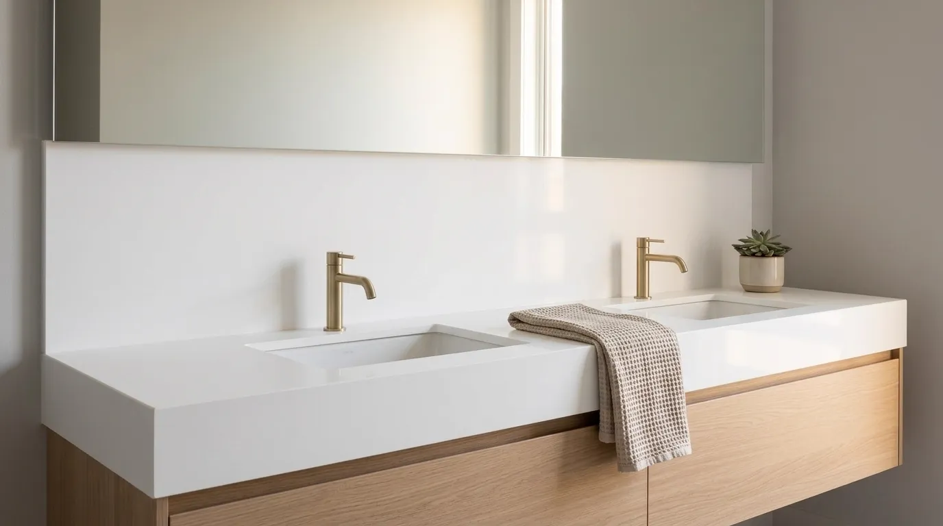 Bianco Supremo double vanity countertop and backsplash in a modern bathroom