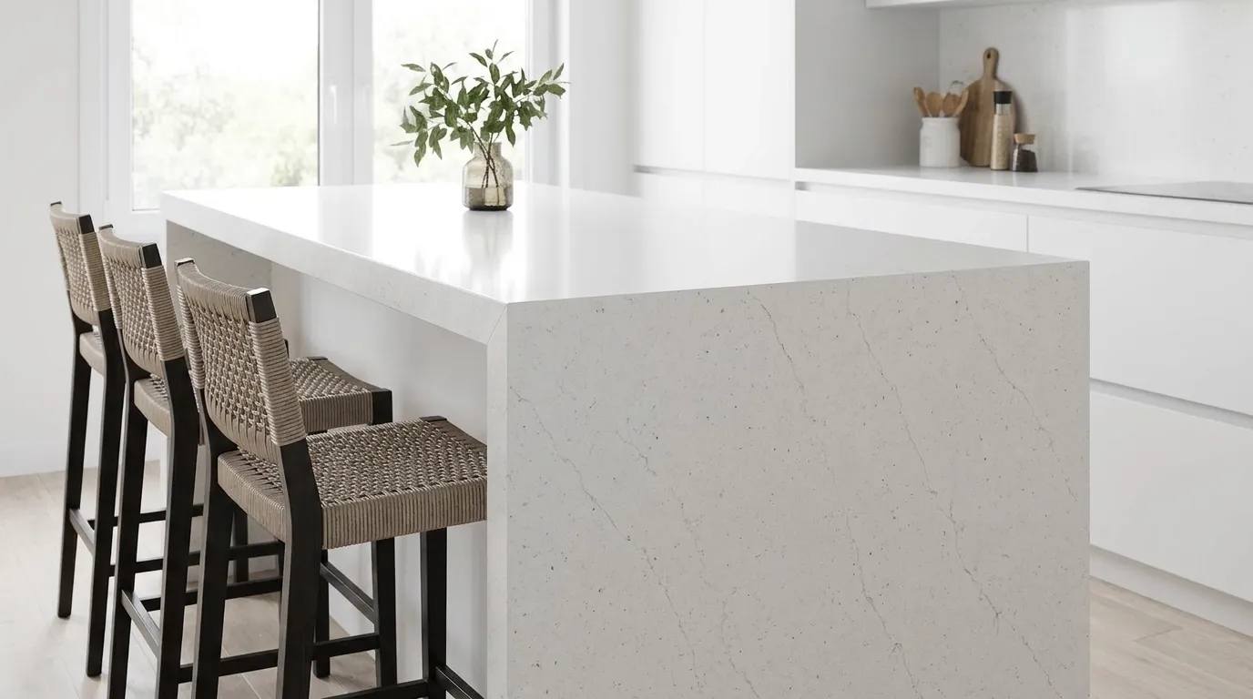 Bianco Supremo waterfall-edge kitchen island with continuous veining