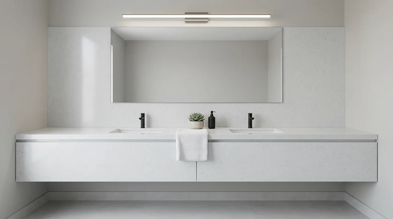 Bianco White Quartz Stone double vanity countertop and backsplash in a modern bathroom