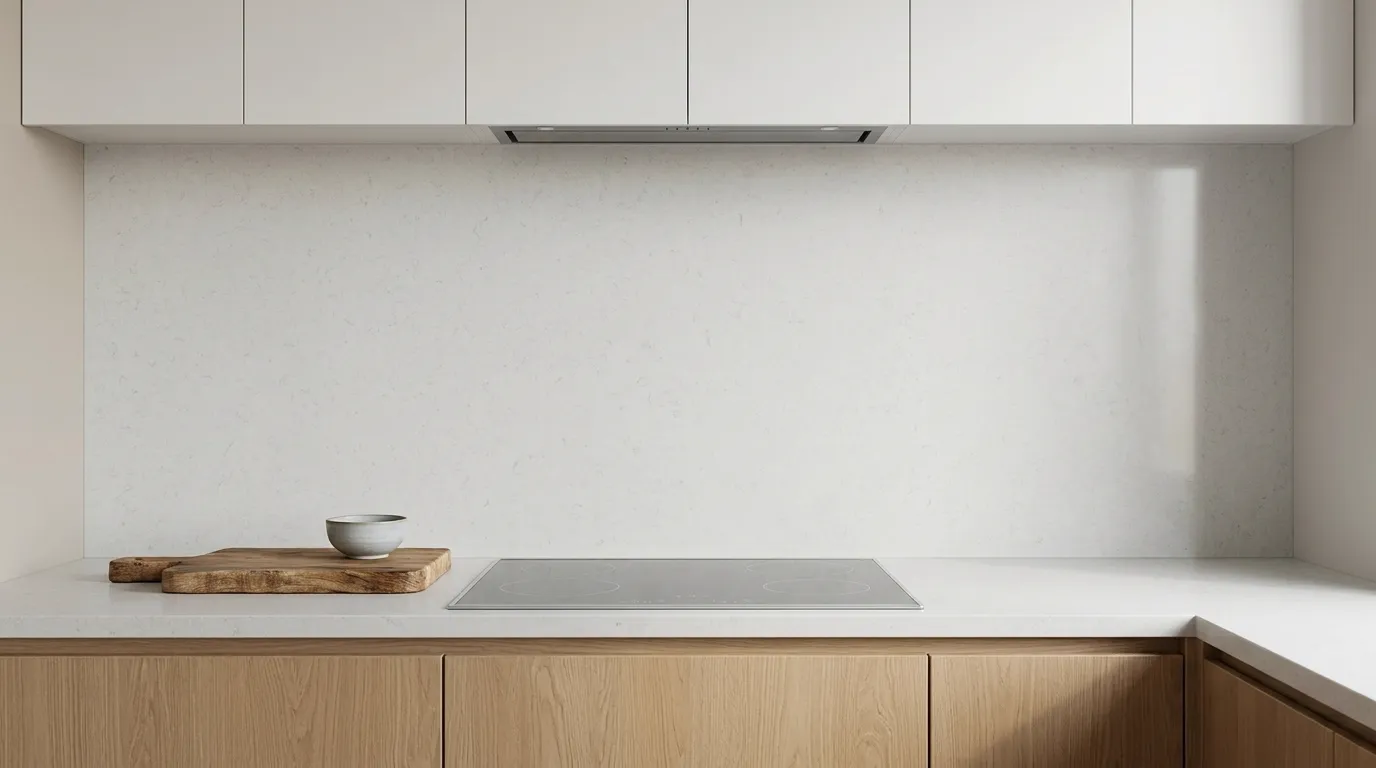 Bianco White Quartz Stone full-height kitchen backsplash and matching countertop