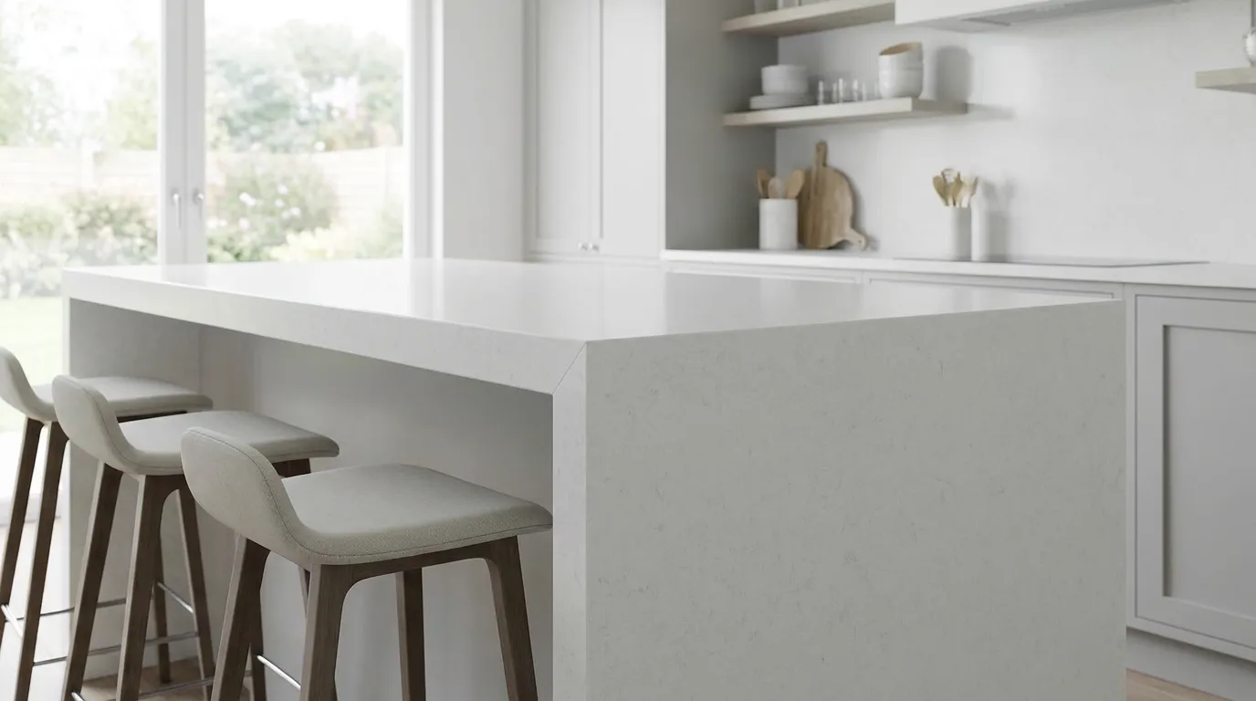Bianco White Quartz Stone waterfall-edge kitchen island with continuous veining