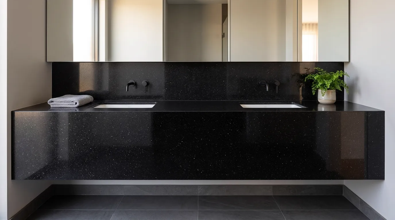 Black Galaxy double vanity countertop and backsplash in a modern bathroom