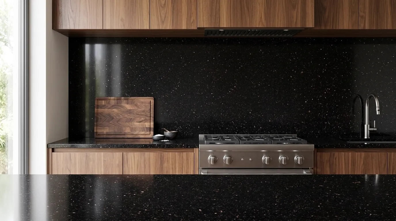 Black Galaxy full-height kitchen backsplash and matching countertop