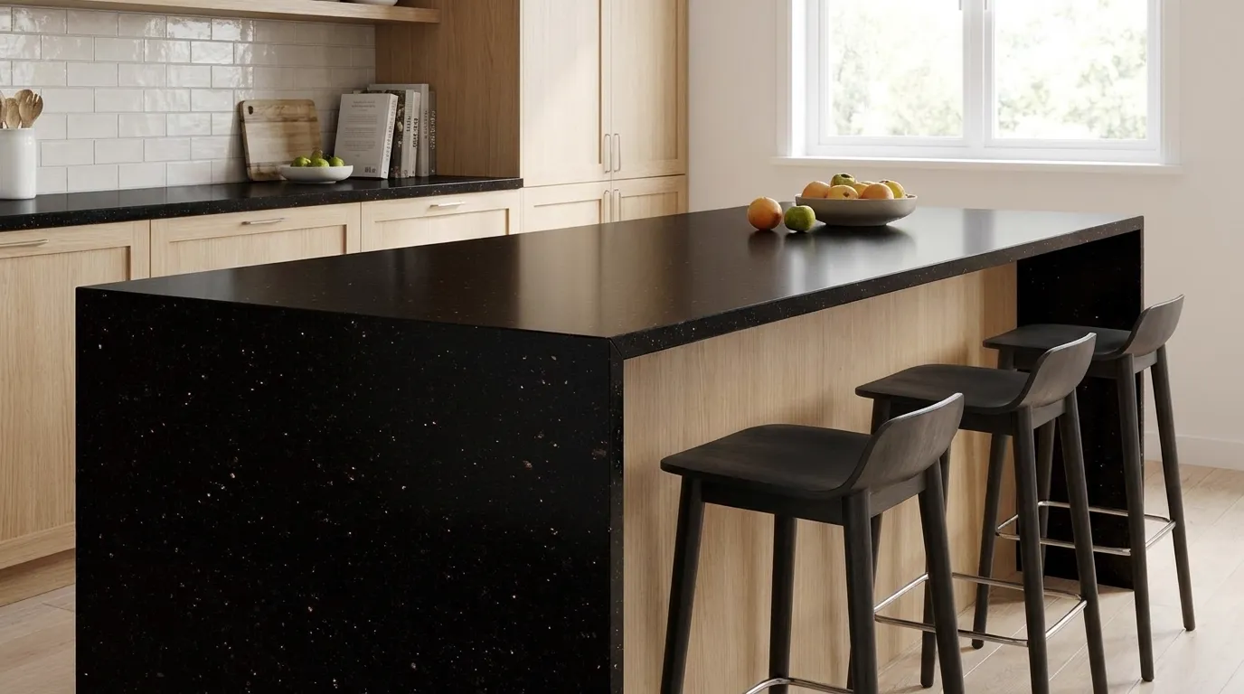 Black Galaxy waterfall-edge kitchen island with continuous veining