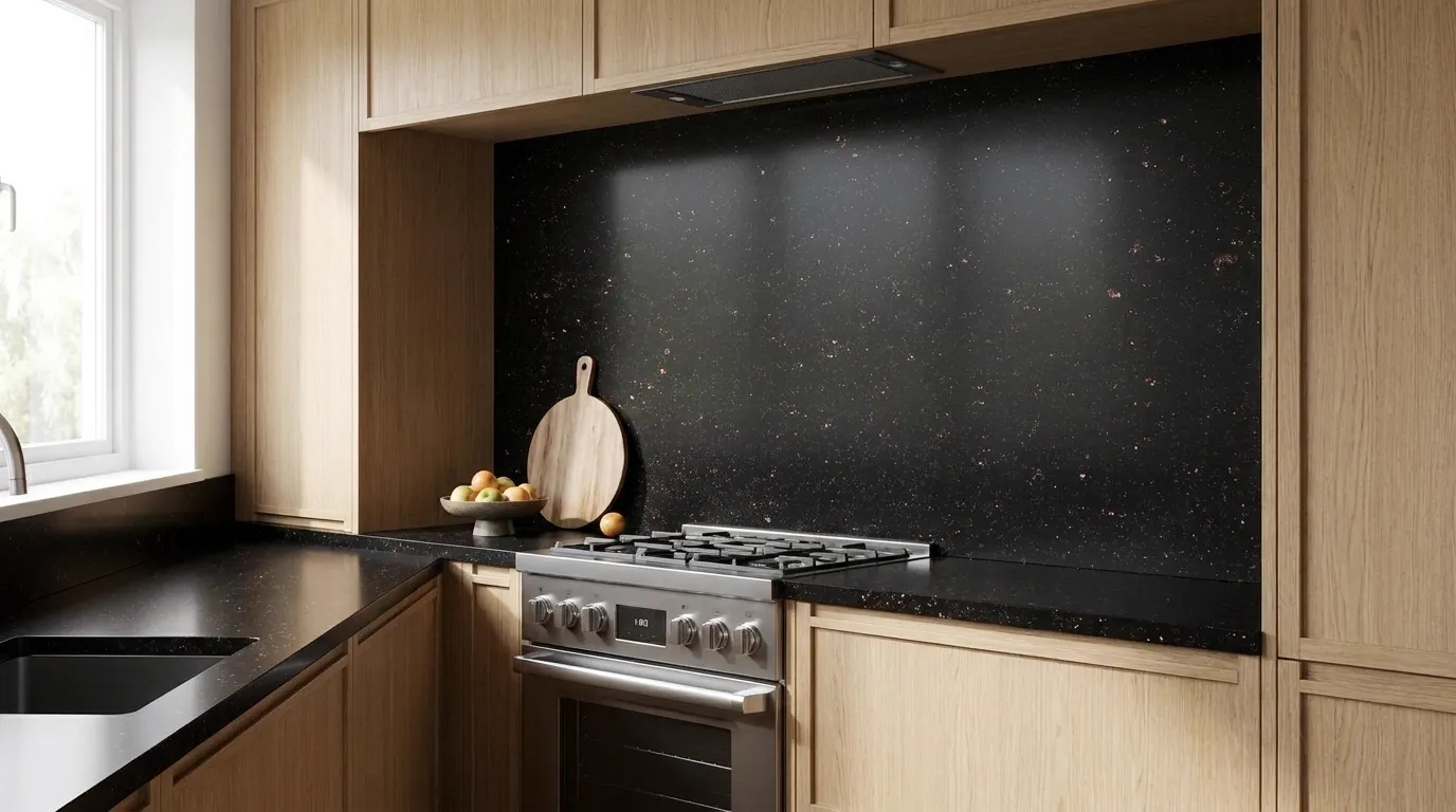 Black Mist full-height kitchen backsplash and matching countertop