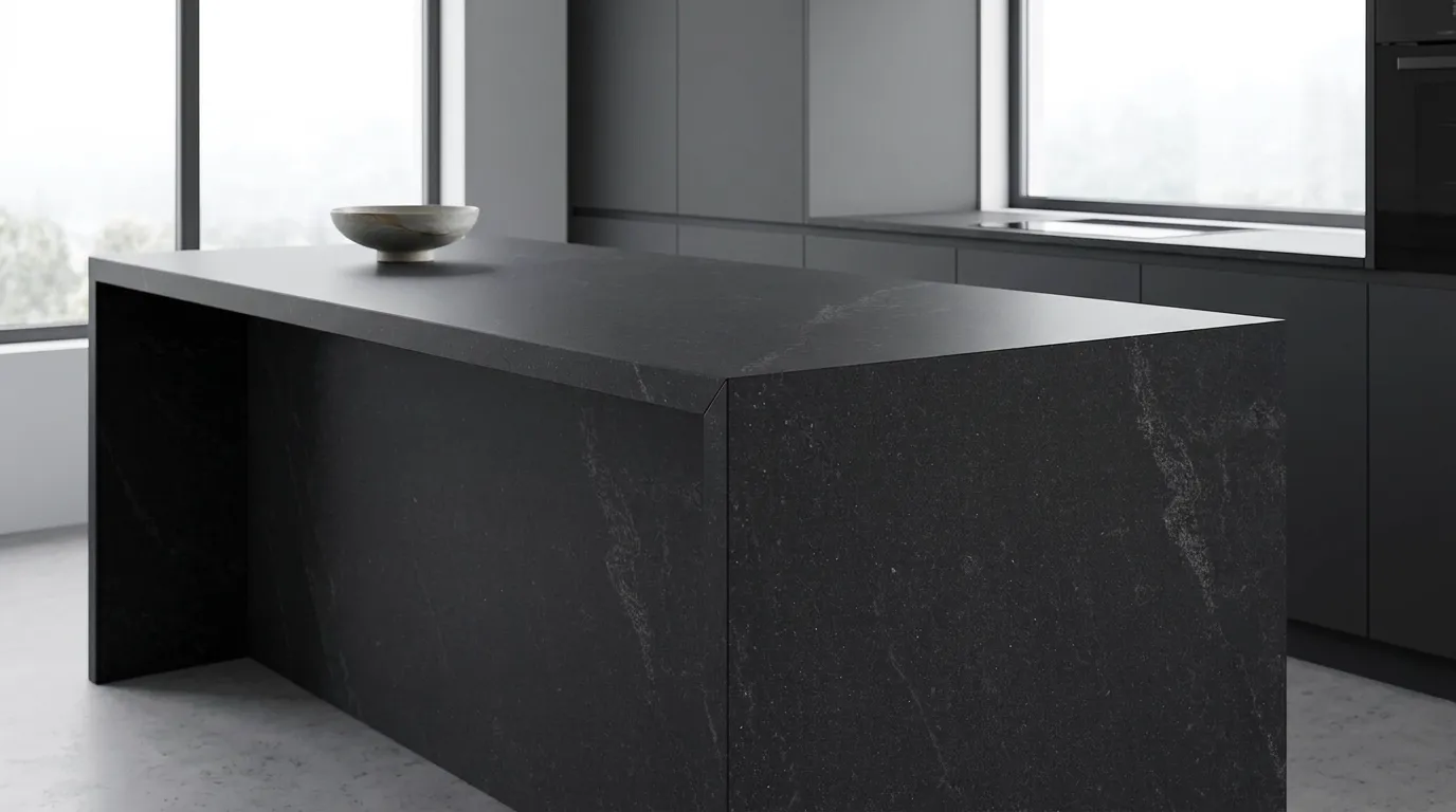 Black Mist waterfall-edge kitchen island with continuous veining