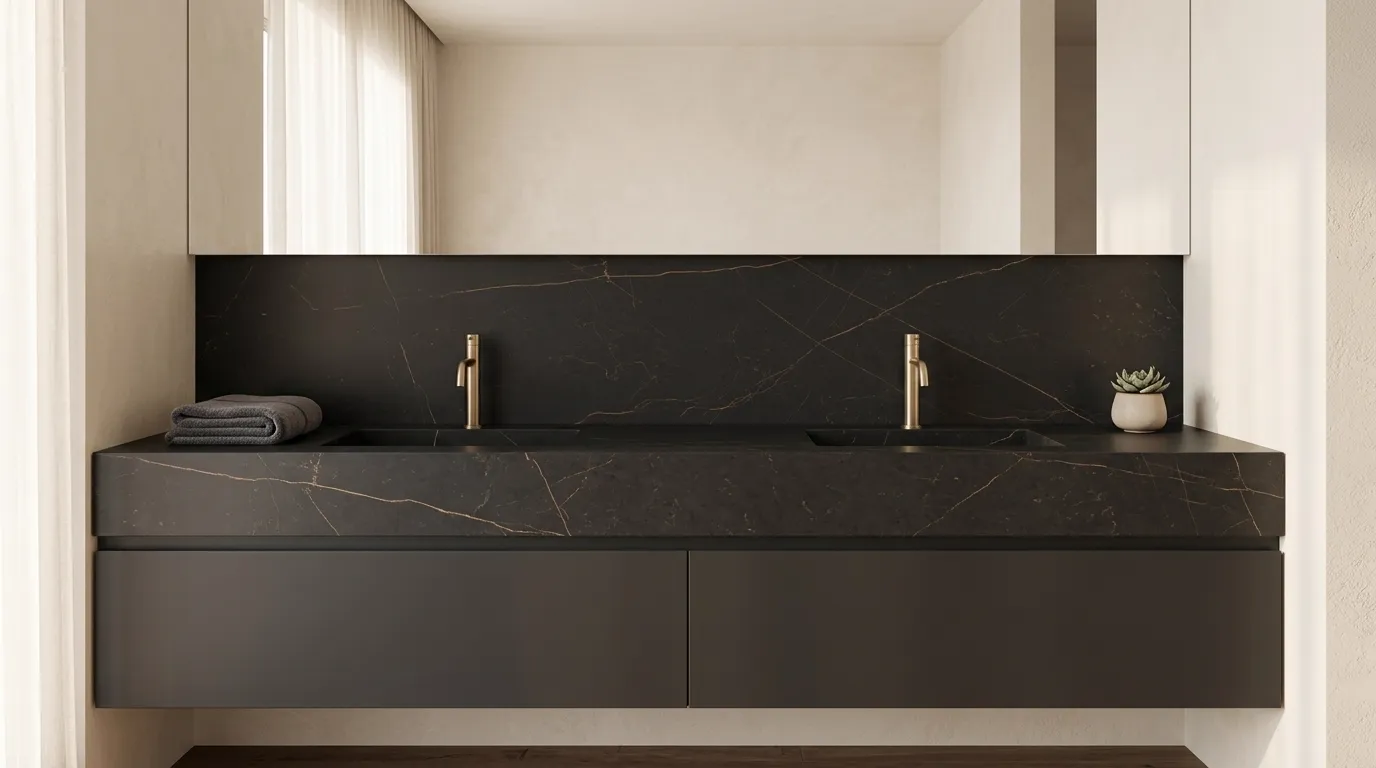 Black Noir double vanity countertop and backsplash in a modern bathroom