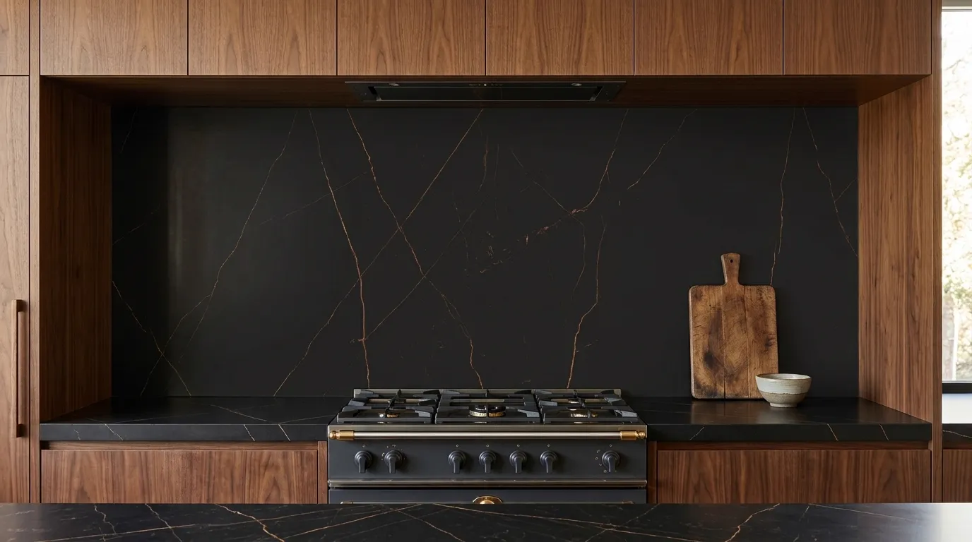 Black Noir full-height kitchen backsplash and matching countertop