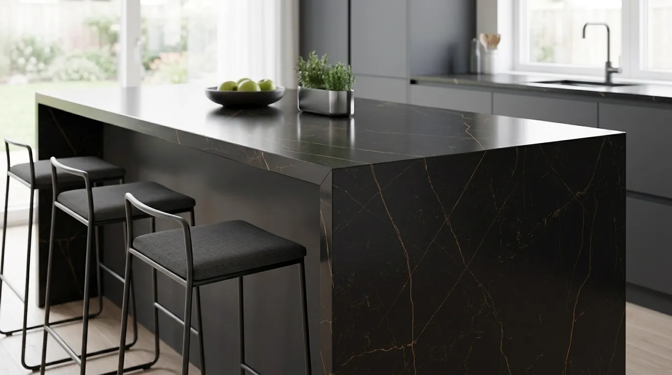 Black Noir waterfall-edge kitchen island with continuous veining