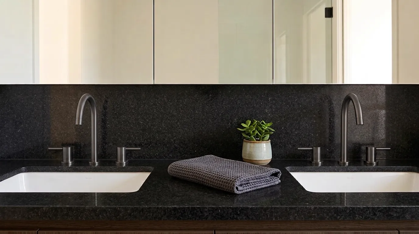 Black Pearl double vanity countertop and backsplash in a modern bathroom