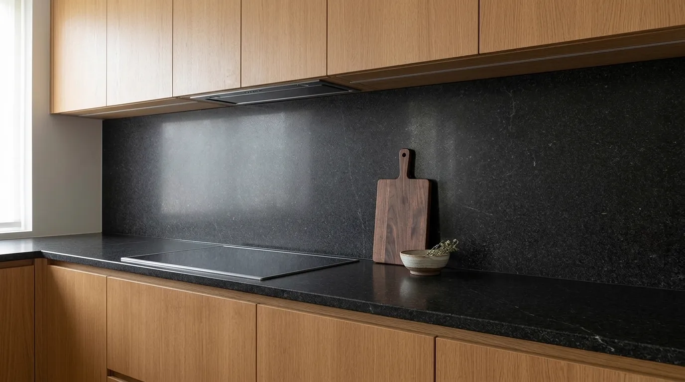 Black Pearl full-height kitchen backsplash and matching countertop