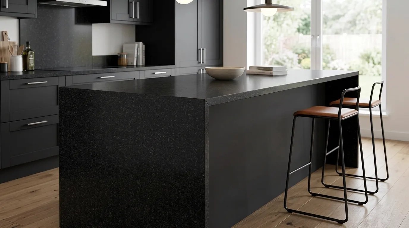 Black Pearl waterfall-edge kitchen island with continuous veining