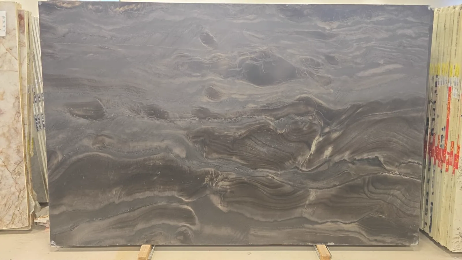 Black Phantus Leathered Quartzite slab, black quartzite with leather finish, close surface and finish detail, West Allis, WI near Milwaukee