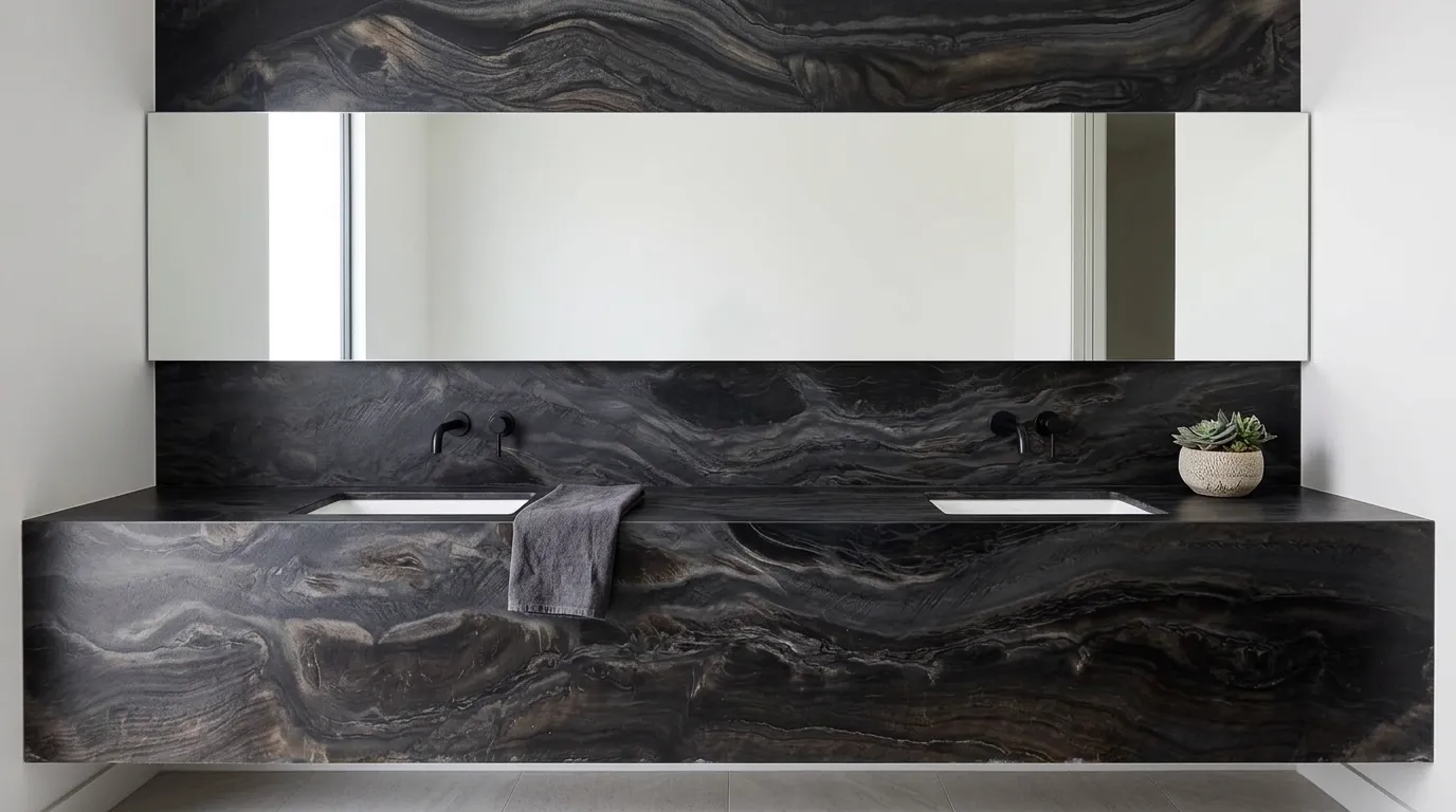 Black Phantus Leathered Quartzite double vanity countertop and backsplash in a modern bathroom