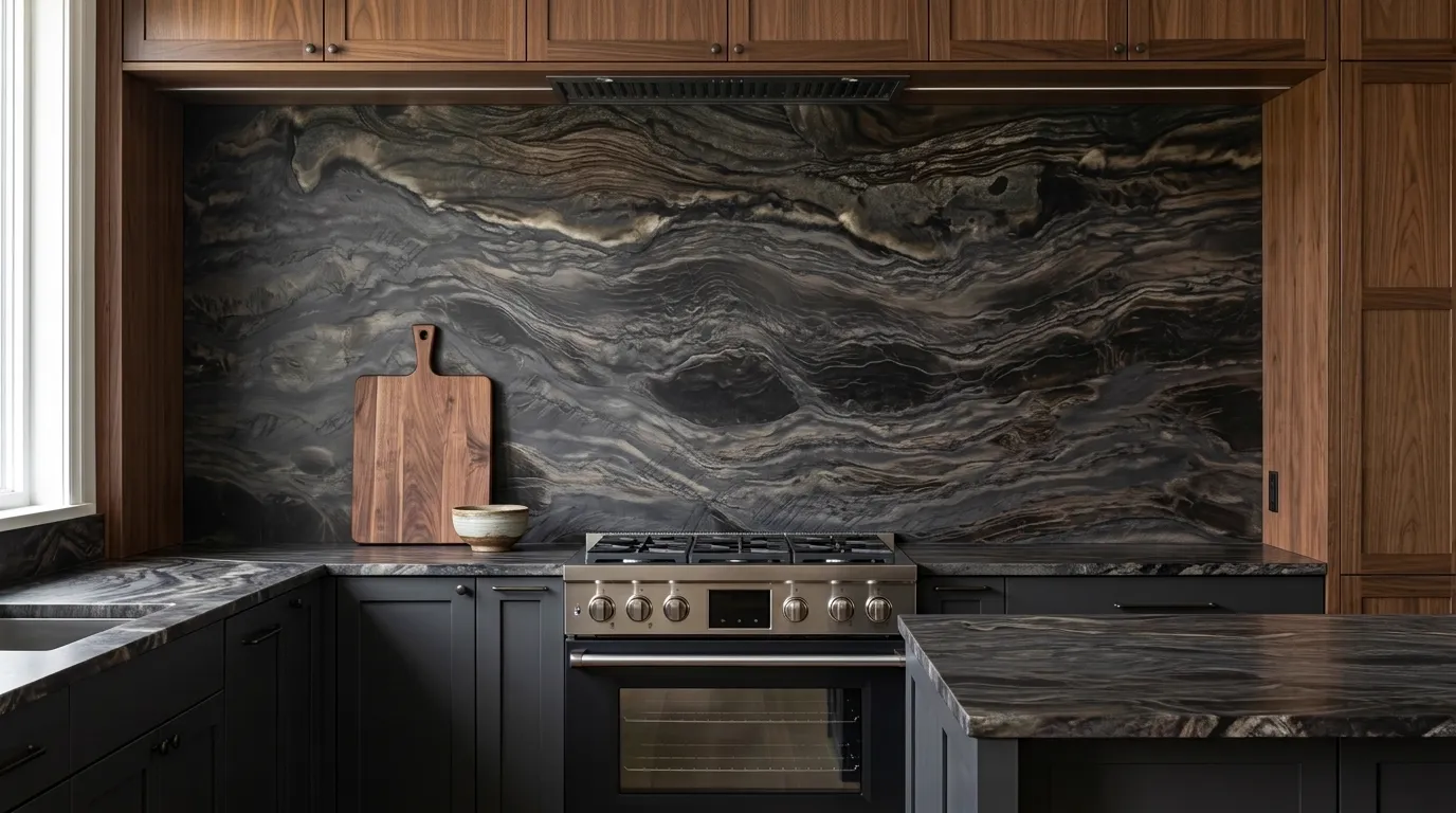 Black Phantus Leathered Quartzite full-height kitchen backsplash and matching countertop