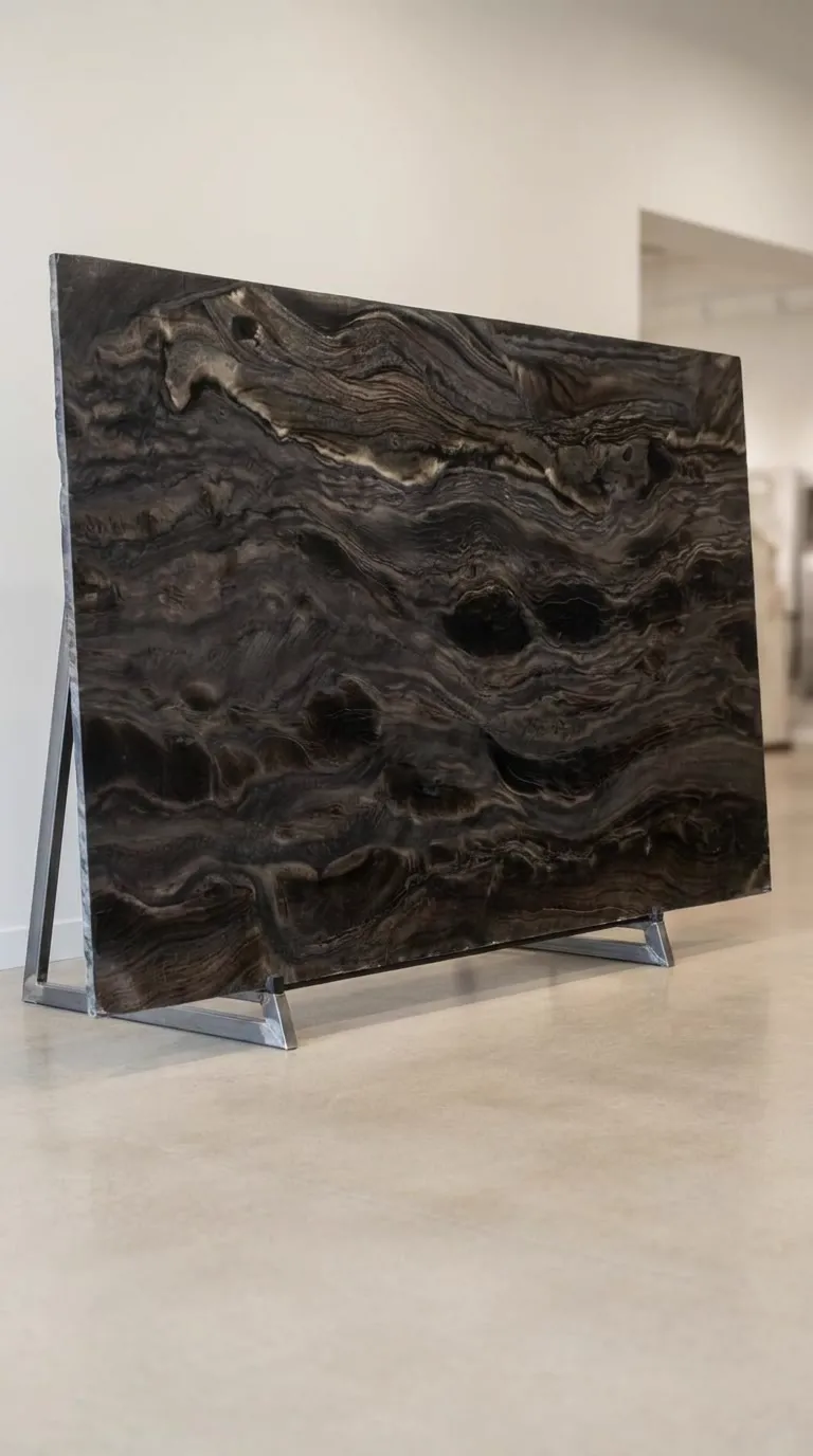 Black Phantus Leathered quartzite slab — The full slab as it stands in our West Allis gallery | StoneX USA, West Allis WI