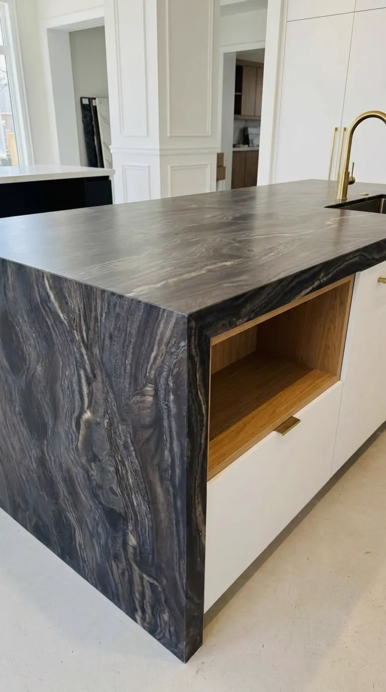 Black Phantus Leathered quartzite slab — Fabricated as a kitchen island with a waterfall end | StoneX USA, West Allis WI