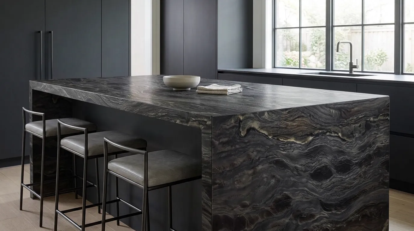 Black Phantus Leathered Quartzite waterfall-edge kitchen island with continuous veining