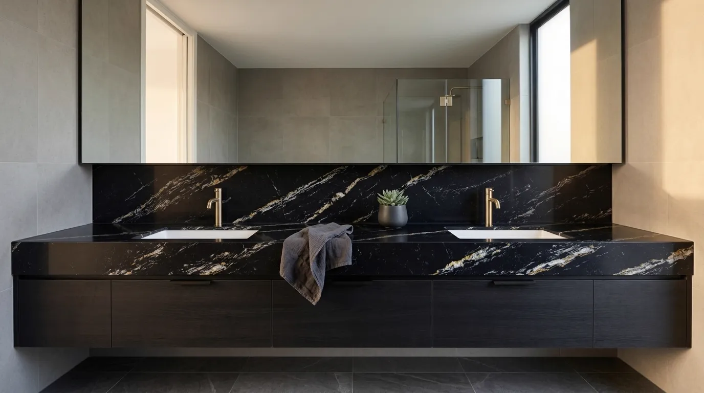 Black Royal Quartz Stone double vanity countertop and backsplash in a modern bathroom