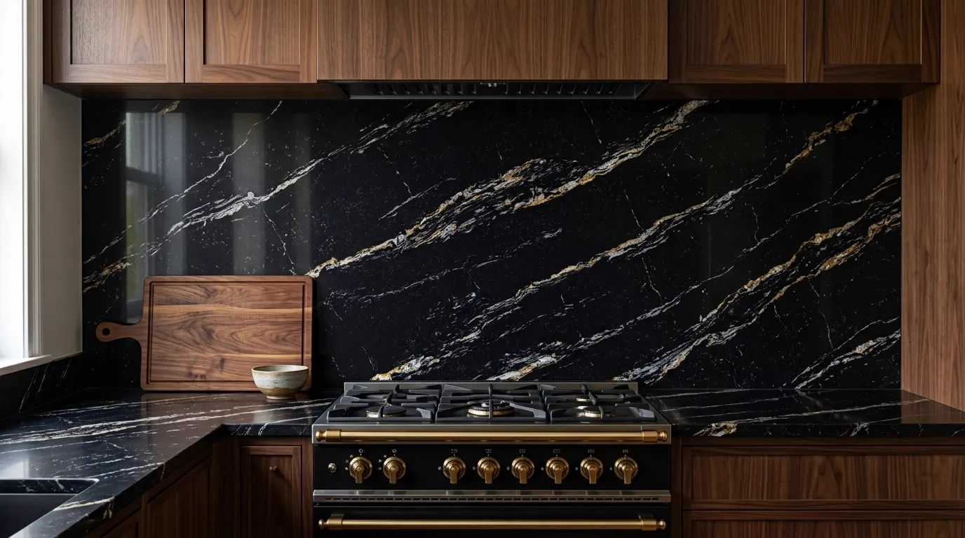 Black Royal Quartz Stone full-height kitchen backsplash and matching countertop