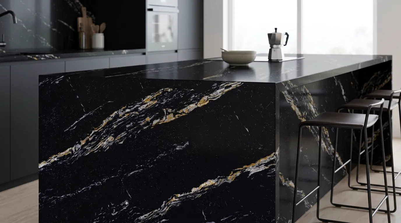 Black Royal Quartz Stone waterfall-edge kitchen island with continuous veining