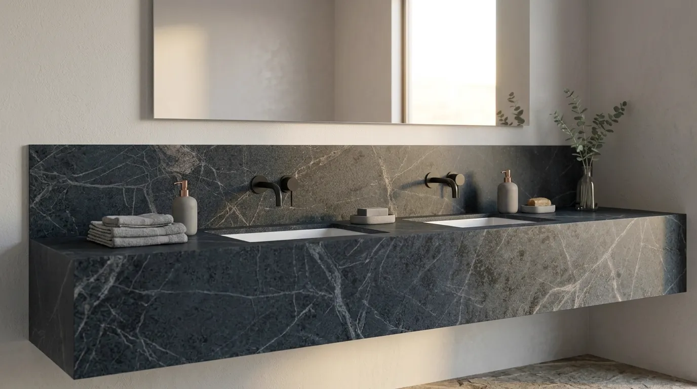 Black Soap Stone double vanity countertop and backsplash in a modern bathroom