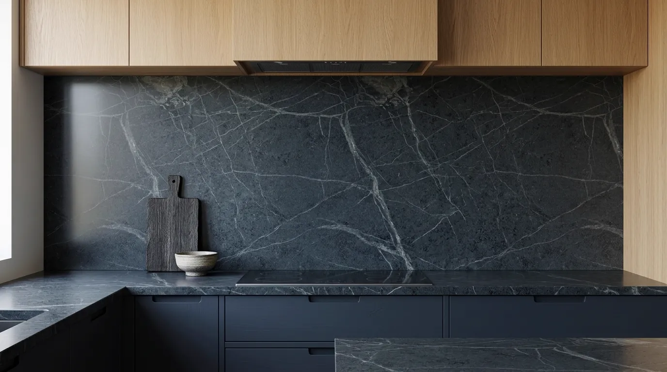 Black Soap Stone full-height kitchen backsplash and matching countertop