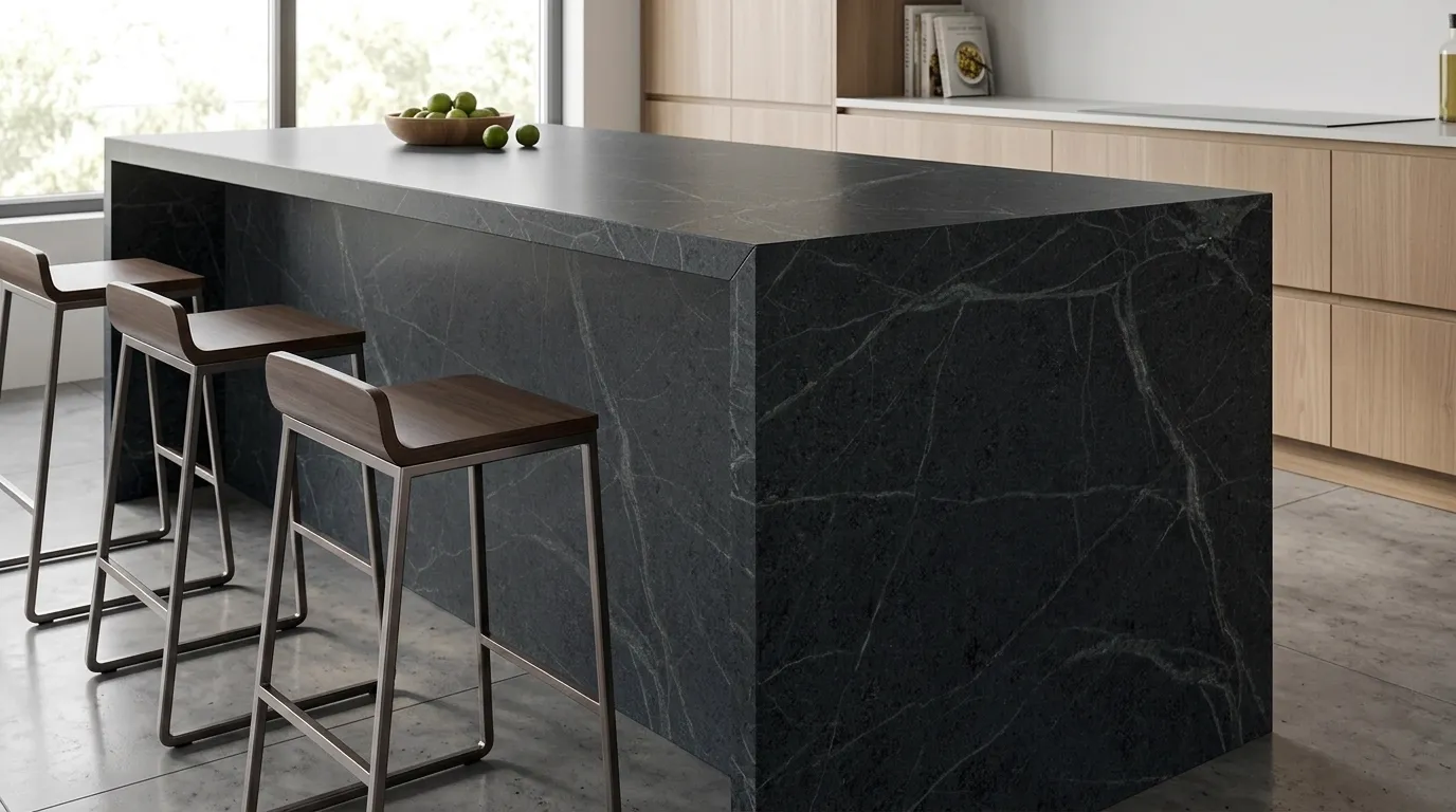 Black Soap Stone waterfall-edge kitchen island with continuous veining