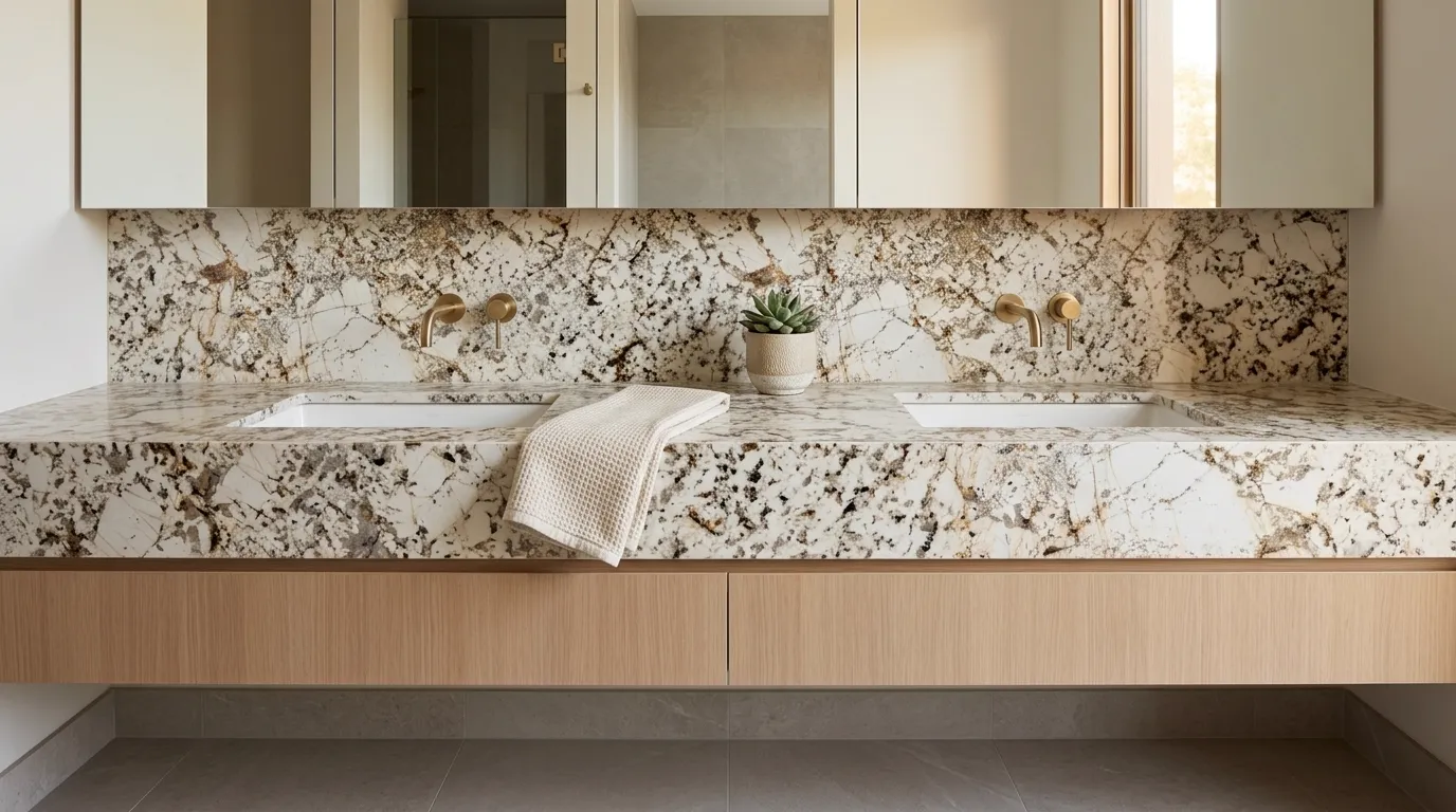 Blanc Du Blanc double vanity countertop and backsplash in a modern bathroom