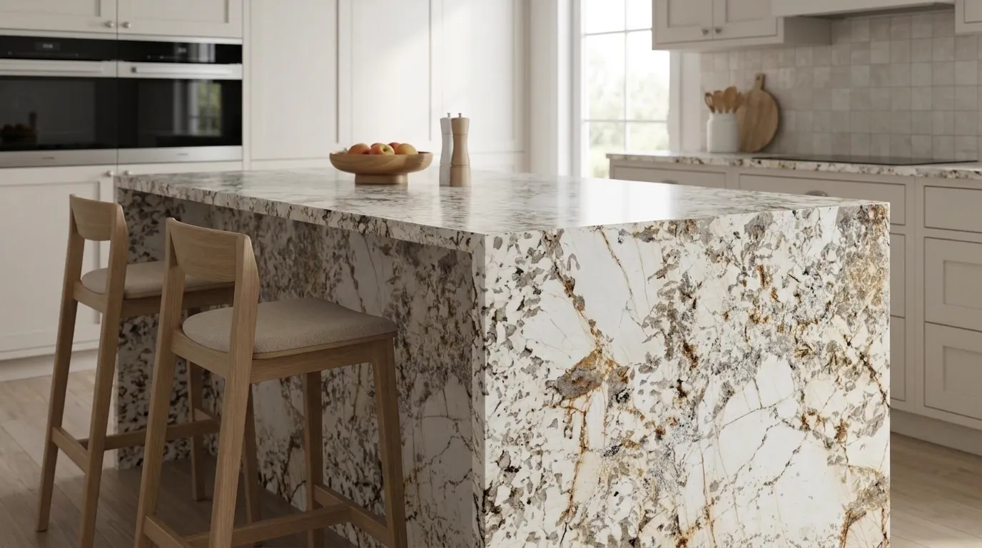 Blanc Du Blanc waterfall-edge kitchen island with continuous veining